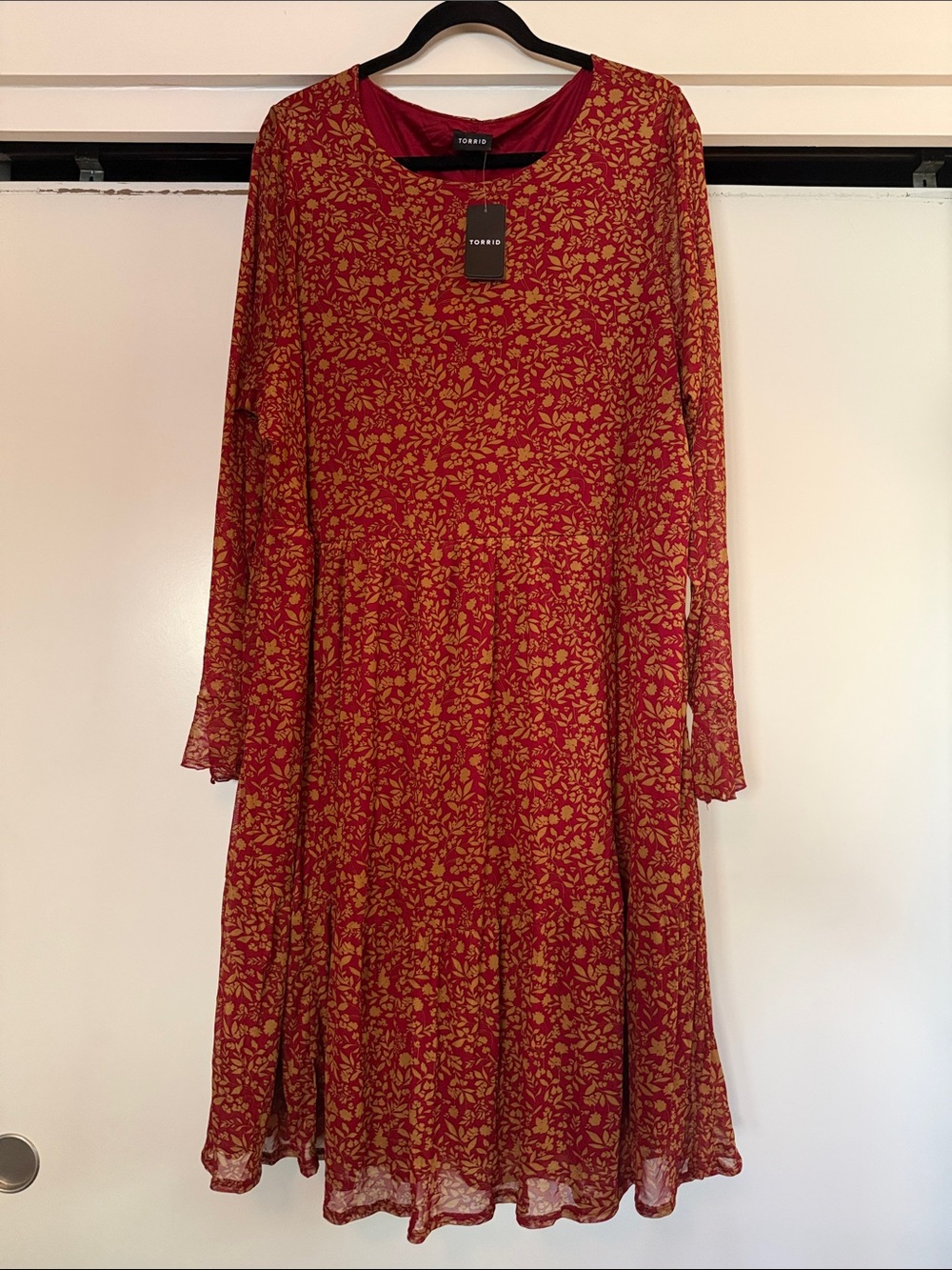 torrid Burgundy Dress with Gold Floral Print, Long mesh Sleeve